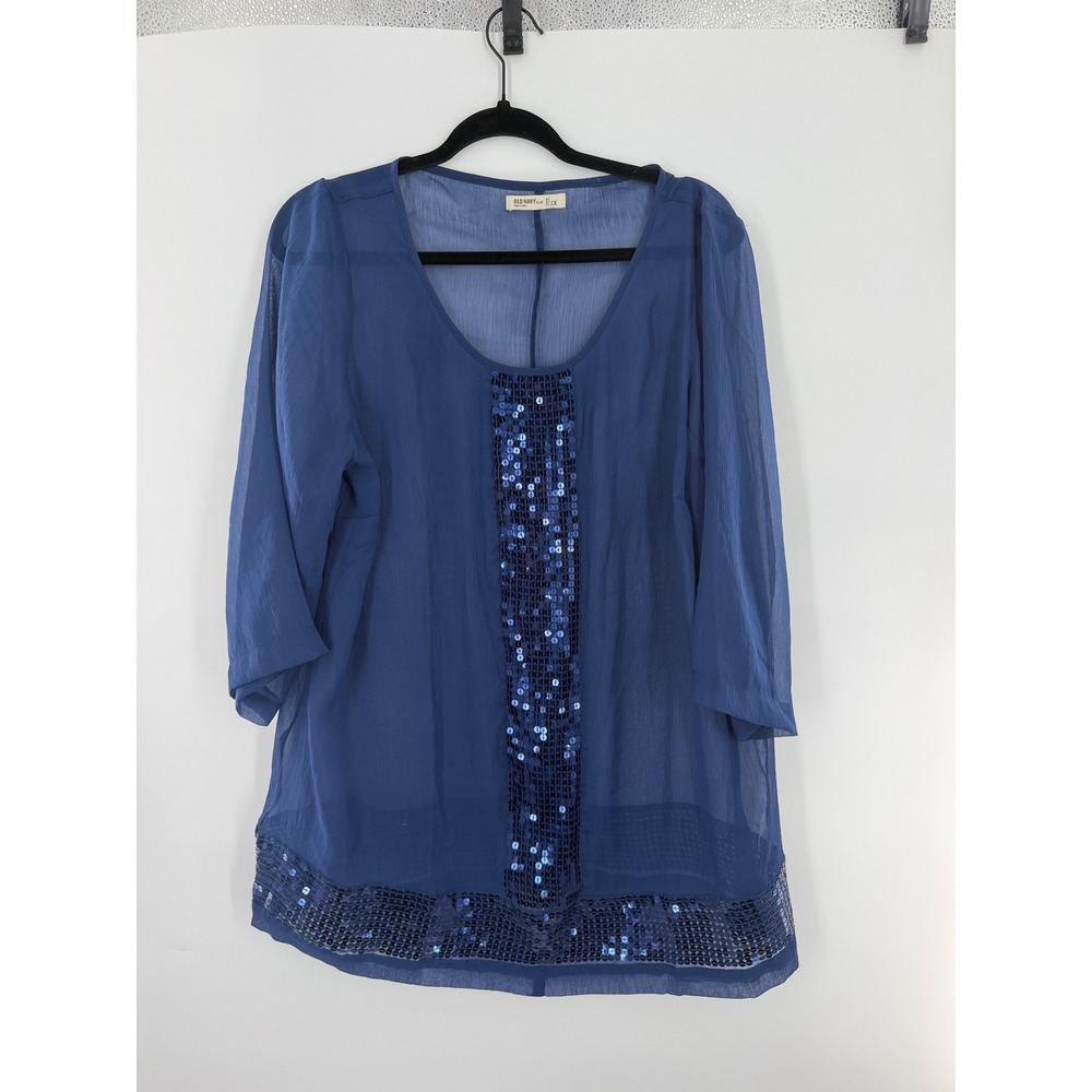 Old Navy Plus Blue Sequin Chiffon Sheer Tunic Top 1X Scoop Neck 3/4 Sleeve